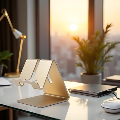 Gold Aluminium Alloy Cell Phone Stand, Cell Phone Stand Holder Aluminum Desktop Solid Universal Desk Stand Aluminum Desktop Stand for All Mobile Smart Phone Office Decor