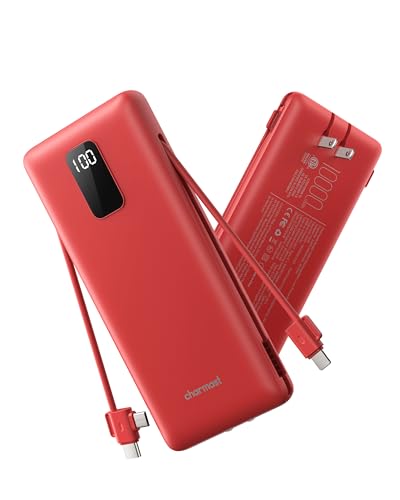 charmast 10000mAh Portable Charger with Built-in Cables and AC Wall Plug - color: Red