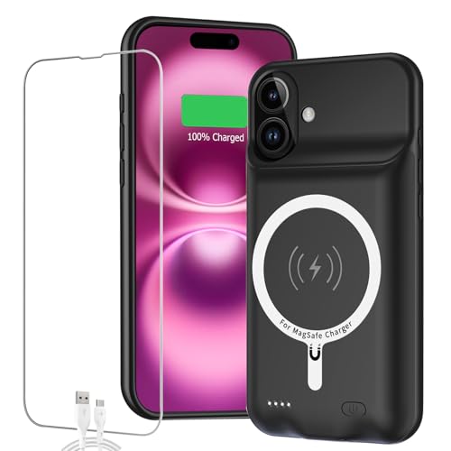Battery Case for iPhone 16,Full Encircle 10000mAh High Capacity Rechargeable Portable Charger Case Extended Battery Pack Compatible with iPhone 16 (6.1 inch) Wireless Charging Cover with Carplay-Black - size: iPhone 16 (6.1 inch)