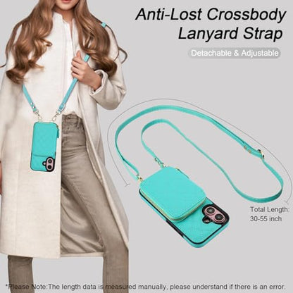 Bocasal Crossbody Wallet Case Card Holder for iPhone 16, Mint Green | RFID Blocking PU Leather Zipper Handbag Purse, Kickstand Flip Folio Case with Card Slots Holder Wrist Strap Lanyard 6.1 Inch - color: Green