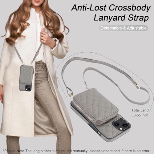 Bocasal Crossbody Wallet Case Card Holder for iPhone 13, Grey | RFID Blocking PU Leather Zipper Handbag Purse, Kickstand Flip Folio Case with Card Slots Holder Wrist Strap Lanyard 6.1 Inch - color: Gray