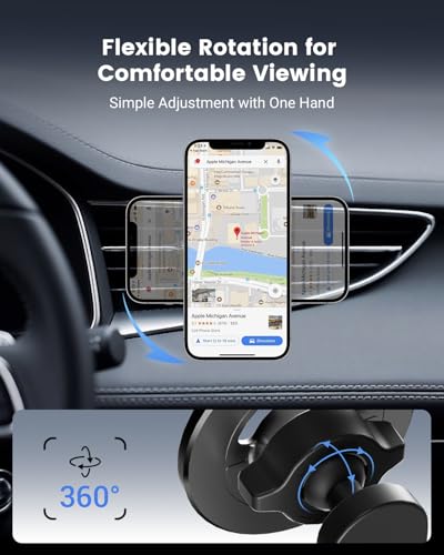 Vent Phone Holder for Your Car, Magnetic Air Vent Mount 360° Rotatable with Metal Ring, One-Hand Use for iPhone 16/15/14/13/12 (4.3-7.6") Non-Blocking View