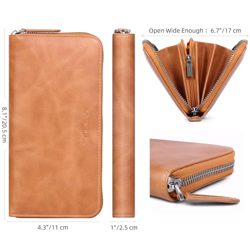 VISOUL Leather Long Zipper Pouch Wallet for Men and Women with RFID Blocking, Large Clutch Cash Long Wallet with Zipper (Tan) - color: Tan