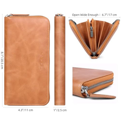 VISOUL Leather Long Zipper Pouch Wallet for Men and Women with RFID Blocking, Large Clutch Cash Long Wallet with Zipper (Tan) - color: Tan