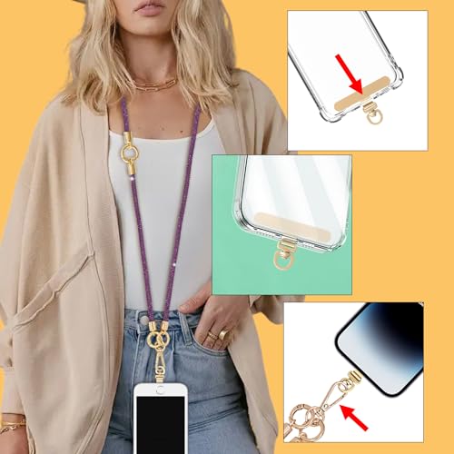 Crystal Phone Strap Crossbody and Wrist Lanyard, Anti Theft Layered & Wrist Strap Cell Phone Neck for Women - color: Purple Crystal