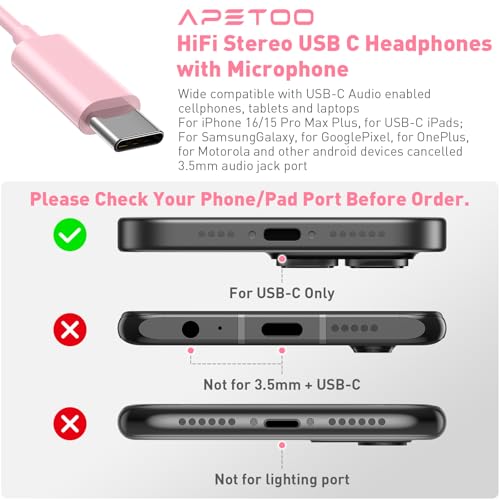 USB C Headphones Magnetic Wired Earbuds with Mic Volume Control 4ft Pink - color: Rose-Pink