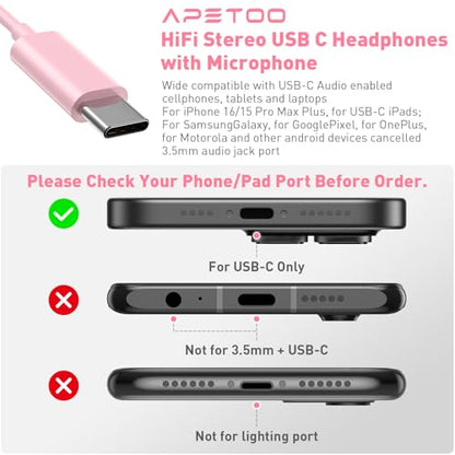 USB C Headphones Magnetic Wired Earbuds with Mic Volume Control 4ft Pink - color: Rose-Pink