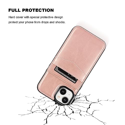 KIHUWEY for iPhone 15 Plus Wallet Case Card Holder Kickstand, Rose Gold | Credit Card Slots, PU Leather, Magnetic Clasp, Flip Heavy Duty Protection Cover for Men and Women - color: Rose Gold