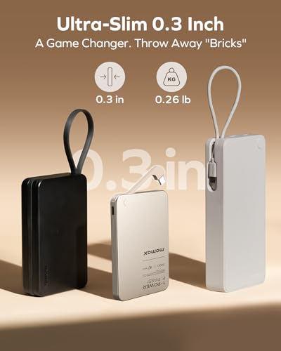 MOMAX 0.3" Slim Portable Charger with Built in Cable USB C Battery Pack (No Wireless) 5000mAh, PD 20W Fast Charging Power Bank for iPhone 17/16/15, Samsung Galaxy, Google Pixel, Android, iPad, AirPods - size: 5000mAh