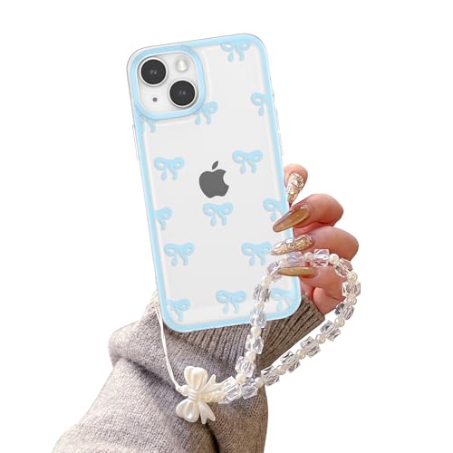 EYZUTAK Case for iPhone 13, Clear Cute Ribbon Bowknot Aesthetic Phone Case with Charm Bracelet Chain Raised Camera Protection Stylish Soft Durable TPU Protective Cover for Women Girls - Blue - color: Blue, size: iPhone 13