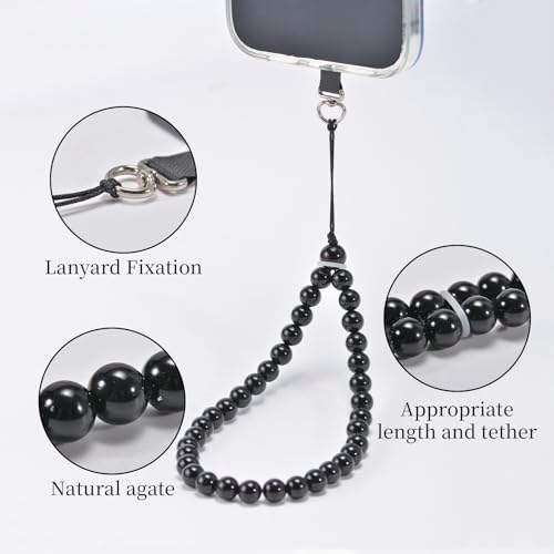 Agate Beaded Phone Wrist Strap for Women Men Stone Beads Charm Handmade Cellphone Chain Lanyard with Tether Tab - color: Black-2, size: 6mm Beads