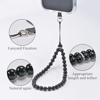 Agate Beaded Phone Wrist Strap for Women Men Stone Beads Charm Handmade Cellphone Chain Lanyard with Tether Tab - color: Black-2, size: 6mm Beads