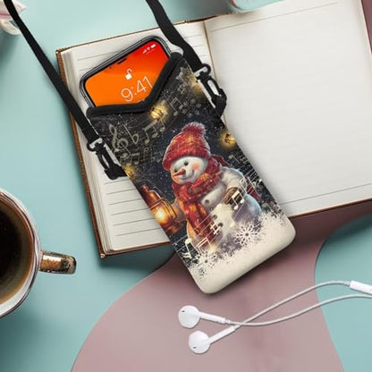 Christmas Snowflake Snowman Print Universal Neoprene Cell Phone Pouch 4 x 8 inch Mobile Protection Case Bag with Crossbody Strap/Neck Lanyard - color: Christmas Snowflake Snowman Print