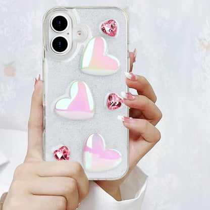 Compatible with iPhone 16 Plus Bling Case Laser Colour 3D Crystal Love Heart Pearl Diamond Glitter Clear Case Cute Girly Women Slim Soft TPU Transparent Phone Cover