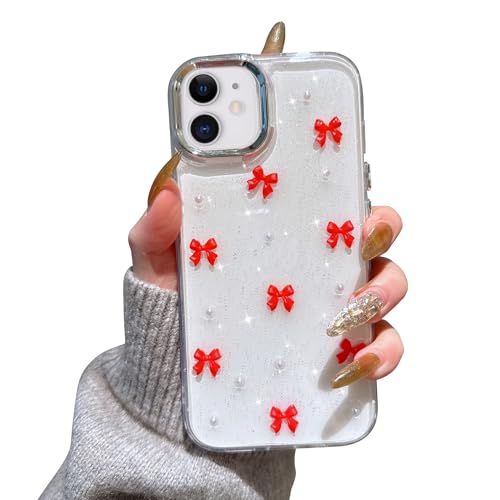 EYZUTAK Case for iPhone 11, Bling Glitter 3D Bowknot Phone Case Cute Sparkly Crystal Clear Bow Aesthetic Design Case Slim Soft Durable TPU Transparent Protective Cover for Women Girl - Red Bow - color: Red Bow, size: iPhone 11