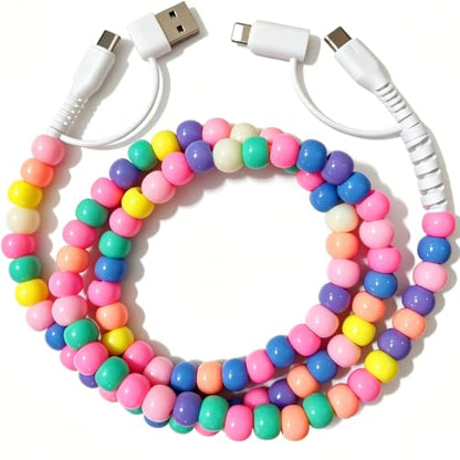 IIIZ 4-in-1 Beaded Charger 65W USB C Carplay Cable for iPhone Duo/18/Galaxy - color: Colorful