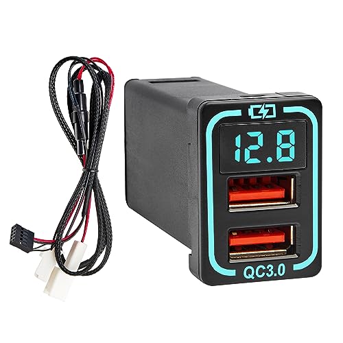 Anina QC3.0 Car Charger for Toyota, 18W Dual USB Port Powered by Cigarette Lighter with Digital Voltmeter, Panel Flush Mount USB Socket for Tundra Corolla Highlander, Vehicle Dash Port 1.34"x0.91"