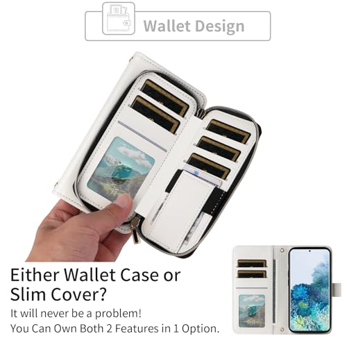 Wallet Case for Samsung Galaxy S20 Plus S20+ 5G with Wrist Strap, 9+ Card Slots Zipper Purse, Luxury PU Leather Stand Full Body Phone Cover for S20+5G S20plus 20S + S2O S 20 20+ G5 Women White | Wrist/Shoulder Strap, Card Slots, Zipper Purse, PU Leather S