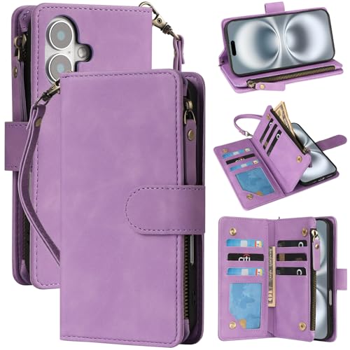RANYOK Compatible with iPhone 16 Case Wallet - PU Leather Wallet Case for iPhone 16 with Credit Card Holder RFID Blocking Zipper Pocket with Wrist Strap Flip Folio Protective Case (Purple) - color: Purple, size: iPhone 16, 6.1"