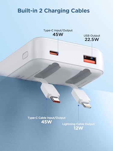 Aioneus Power Bank Fast Charging 20000mAh, 45W Portable Charger with Built-in Cables, 4-in-1 Battery Pack with LED Display for iPhone, Samsung Galaxy, iPad, MacBook Air, Travel