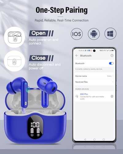 Wireless Earbuds, Bluetooth 5.4 Headphones Bass Stereo/Clear Calls, Blue - color: Blue