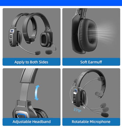 Bluetooth Headset with Microphone,Noise Cancelling with Mute Button, Very Strong Wireless Range, All-Day Comfort On Ear Headphones 60 Hrs Working time for Trucker/Work/PC/Call Center/Meeting/Office