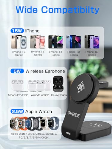 2025 Magnetic 3 in 1 Wireless Charger, Mag-safe Charger Stand Wireless Charging Station for Apple iPhone 16/15/14/13/12 series, for Apple Watch and Airpods, 18W Foldable Fast Charging Dock - Black