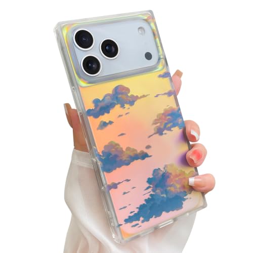 Cute Rectangle Case for iPhone 17 Pro Max Case, Iridescent Clouds | Twilight Sun Set Sky Pattern Design, Aesthetic Girly Matte Glitter Protective Phone Cover for Women Girls - size: iPhone 17 Pro Max
