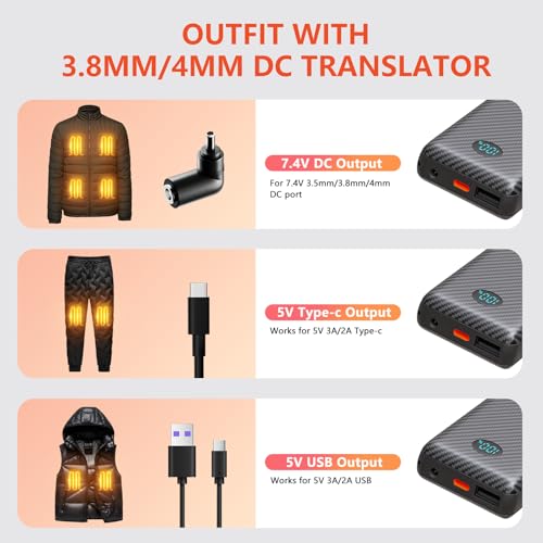 2 Pack 5V 2A/3A Battery Pack for Heated Vest Heated Jacket, 12000mAh Power Bank for Heated Apparel with LED Display with 7.4V DC Port - size: 2 PACK 7.4V 12000mAh