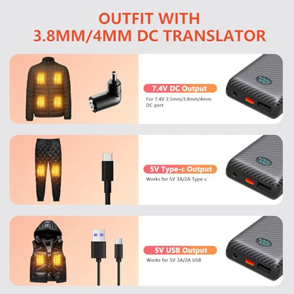2 Pack 5V 2A/3A Battery Pack for Heated Vest Heated Jacket, 12000mAh Power Bank for Heated Apparel with LED Display with 7.4V DC Port - size: 2 PACK 7.4V 12000mAh