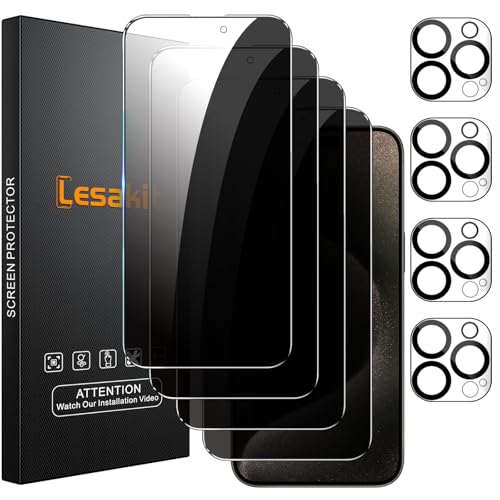 Lesakit 4+4 Pack Privacy Screen Protector for iPhone 15 Pro Max 6.7-Inch with 4 Pack Camera Lens Protector, Anti Spy Tempered Glass Film 9H Hardness Case Friendly - size: iPhone 15 Pro Max