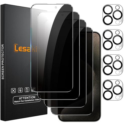 Lesakit 4+4 Pack Privacy Screen Protector for iPhone 15 Pro Max 6.7-Inch with 4 Pack Camera Lens Protector, Anti Spy Tempered Glass Film 9H Hardness Case Friendly - size: iPhone 15 Pro Max