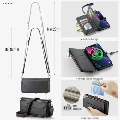 Strapurs Wallet Case Compatible with iPhone 13 RFID Blocking 7-Card Holder Soft PU Leather Magnetic Snap Shoulder Strap Zipper Pocket Phone Case Fit for iPhone 13 for Women 6.1" - Black | RFID Blocking 7-Card Holder, Shoulder Lanyard, Wirst Strap, Zipper