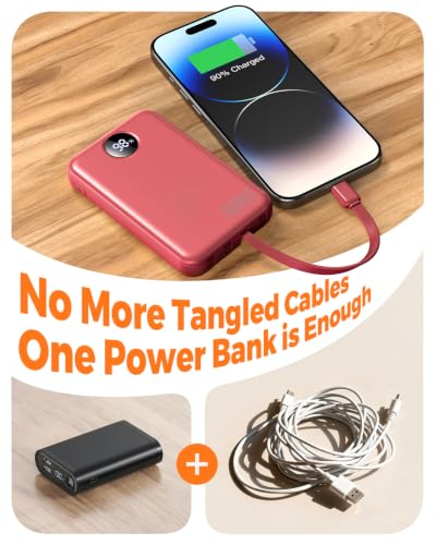 Portable Charger 10000mAh with 4 Built-in Cables 40% Smaller (Red) - color: Red