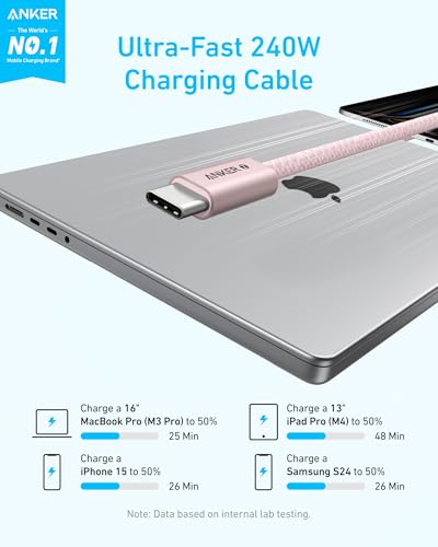 Anker Zolo USB C to USB C Cable, 240W Fast Charging Cable (3.3 ft, Pink) - color: Pink, size: 3.3ft