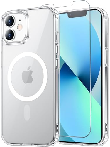 for iPhone 12 Mini Case & iPhone 13 Mini Case Clear with Screen Protector, Compatible with Magsafe, Anti-Yellowing, Military-Grade Protection, Shockproof Slim Magnetic Phone Case Cover - color: A-Clear, size: iPhone 12 Mini/13 Mini