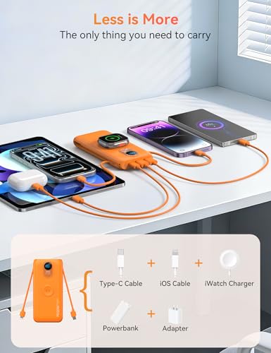 Portable Charger Power Bank 10000mAh PD20W w/Built-in Cables & AC Plug - color: Orange