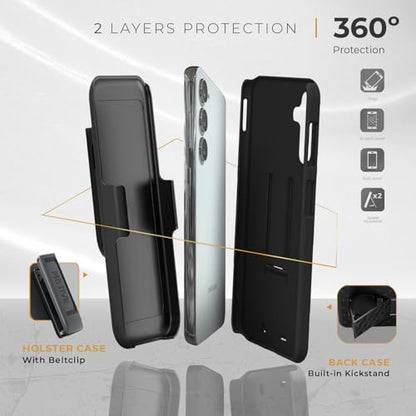 MOTIVE for Samsung Galaxy s23 Case with Belt Clip, Rigid, Kickstand | 6.1" | Ranger v1 Series, Black, 360° holster, open-top/open-bottom port access, textured grip, slim design - size: S23