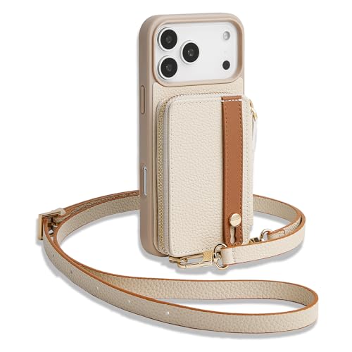 LAMEEKU for iPhone 17 Pro Case Wallet with Wrist Strap, Zipper Crossbody Purse with Phone Grip Holde 6.3 inch Beige - color: Beige, size: iPhone 17 Pro 6.3''
