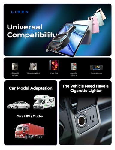LISEN 96W 4 in 1 Retractable Car Charger with USB C & Lightning Cable for iPhone 17 Pro Max 16 15 14 13 12, Samsung Galaxy S25 S24, Android - Fast Charging Cigarette Lighter Adapter