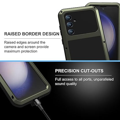 LOVE MEI Military Rugged Case for Samsung Galaxy S23 Fe, with Tempered Glass Screen Protector, Shockproof Dustproof Scratch Proof Hybrid Metal and Silicone Gel Heavy Duty Full Body Cover Green - color: Green