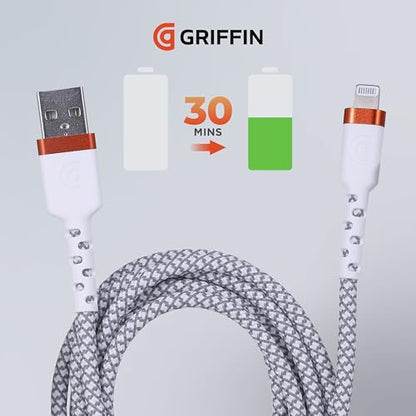 Griffin Lightning to USB-A Cable, Ultra-Durable Fast Charging Lightning Cable with 48 Spindle Braiding, Aluminum Heads, and 30,000 Bend Strength