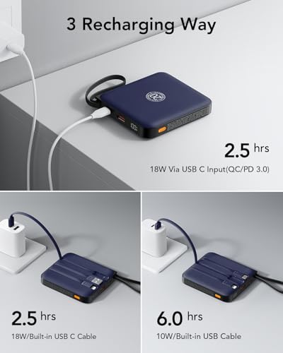 VRURC Portable Charger with Built-in 4 Cables, 22.5W Fast Charging - color: Navy Blue