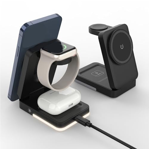 Wireless Charger Stand 3 in 1, Foldable Fast Charging Station 15W, Portable Wireless Charging Pad for Phone Watch Earphone Black - color: Black