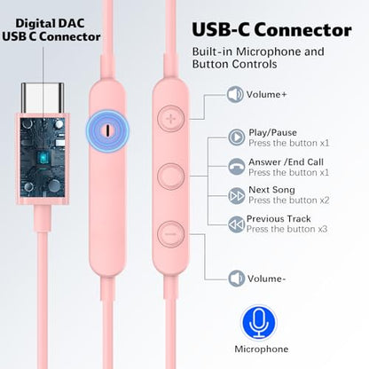 USB C Headphones for iPhone 18 Pro/17 Pro Max 16 Wired Earbuds,Pink - color: Pink