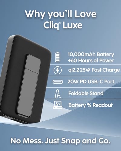 myCharge CliqLuxe Magnetic Wireless Power Bank 10,000mAh | iPhone & MagSafe Compatible | Qi2.2 25W Mag Safe Portable Charger | Built-in Stand | 20W PD USB-C Port | Premium Black Fabric - size: 10K, style: Without Wall Plug (Black)