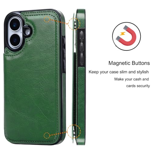 Wallet Case Compatible with iPhone 16 6.1", Slim Protective Case with Card Holder,Premium PU Leather Kickstand Card Slots Case with Double Magnetic Clasp-Grass Green - color: Grass Green, size: iphone 16 6.1"