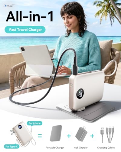 Portable Charger Power Bank 10000mAh, 45% Smaller Built-in Cables & AC Plug - color: Pearl White