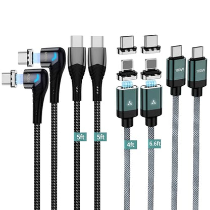 100W Magnetic Charging Cable,Magnetic Right Angle USB C Cable,480Mbps Data Transfer,5A Fast Charging,Compatible with USB C Device - color: Blackgreen, size: 1.2M+1.5M+1.5M+2M