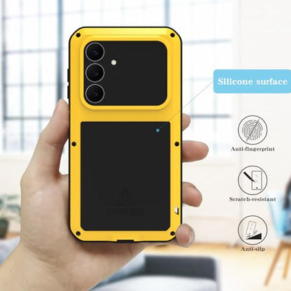 LOVE MEI Military Rugged Case for Samsung Galaxy S25 FE 5G, with Tempered Glass Screen Protector, Shockproof Dustproof Scratch Proof Hybrid Metal and Silicone Gel Heavy Duty Full Body Cover (Yellow) - color: Yellow